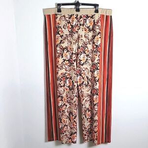Simonton Says Orange, Brown & Cream Palazzo Pants with Stripes & Floral,Size XLP